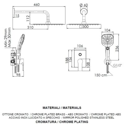 Daniel Reflex inbouw regendouche 30x30cm ultra dun met drukknop chroom en mat zwart 8