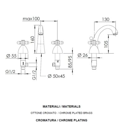Daniel Revival 3-gats opbouw wastafelmengkraan kruisgreep hoog keramisch met waste-inrichting 15 kleuropties 4
