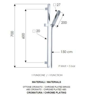 Daniel Skyline vierkante glijstangcombinatie 70cm messing met 15 kleuropties en keramische cartridge 4