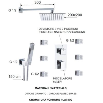 Daniel Skyline inbouw regendouche 40x40cm vierkant met 6 body-jets en keramische cartridge 4