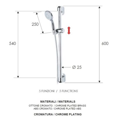 Daniel Glijstangcombinatie 60cm met 5-functie handdouche en flexibele doucheslang chroom 4