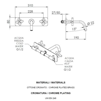 Daniel Jax retro inbouw wastafelmengkraan met kruisgreep en keramisch bovendeel 19cm 4