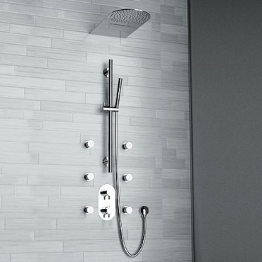 Een kraan afbeelding van een luxe chrome inbouw douchekraan met staafhanddouche, 30cm dunne muur hoofddouche, watervaljets en watervaluitloop in een design badkamer. Volg de link om naar de Douchekranen categorie te gaan.