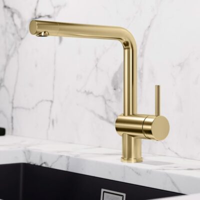 Blanco Linus goud satijn keukenmengkraan met draaibare haakse uitloop en straalbreker 526683 4