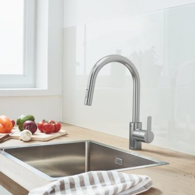 Grohe Feel serie keukenmengkraan hoge uitloop 2 straalsoorten draaibaar uittrekbaar 2 standen Supersteel 31486DC1 6